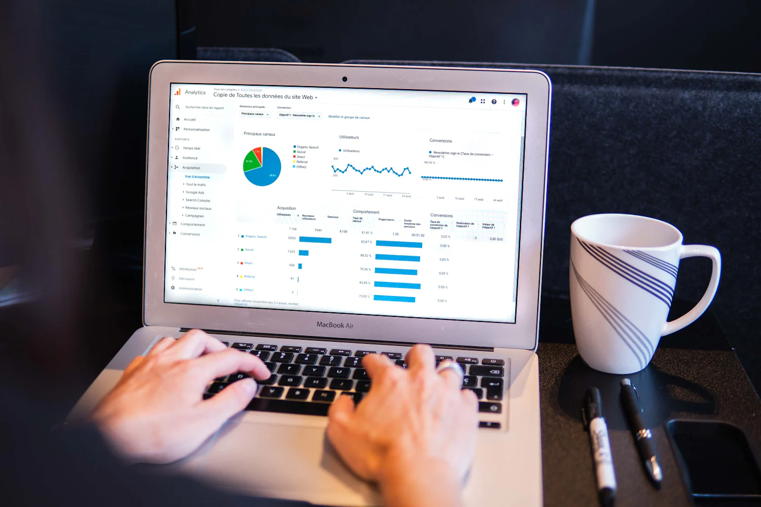A person working at a laptop showing a business analytics dashboard.