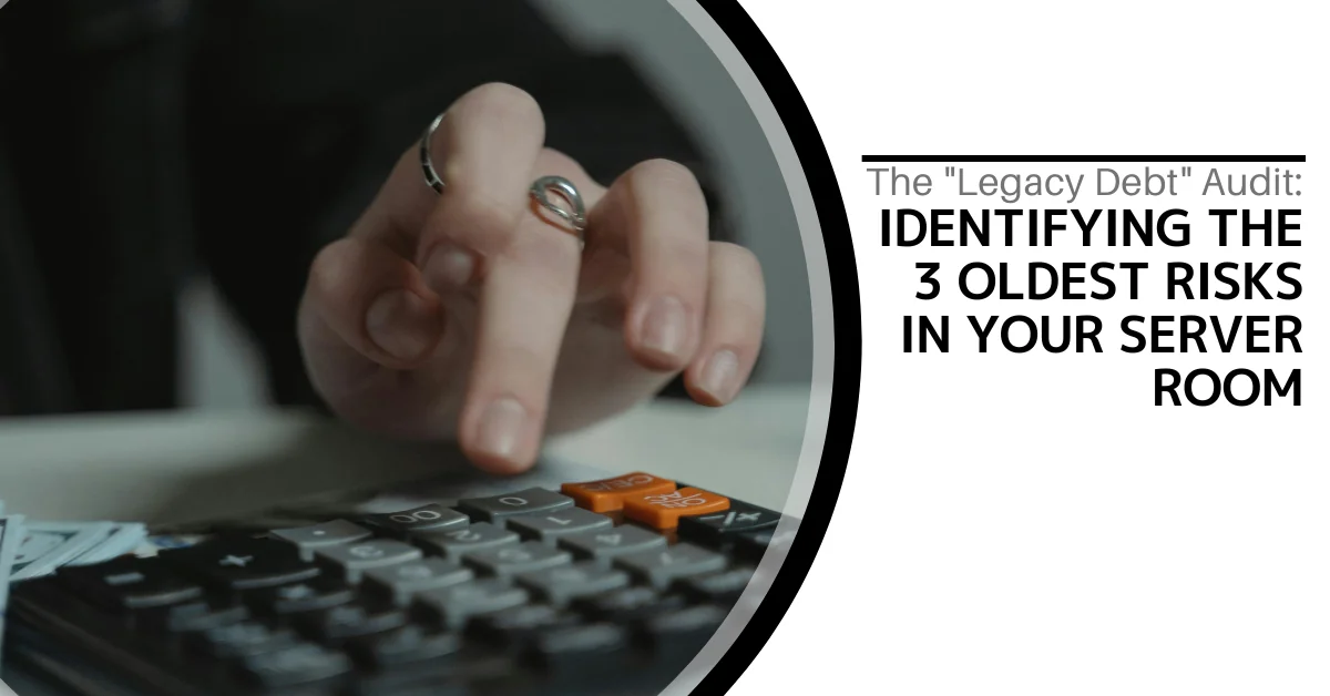 A hand reaching toward a calculator on a desk, alongside text about identifying the three oldest risks in your server room.