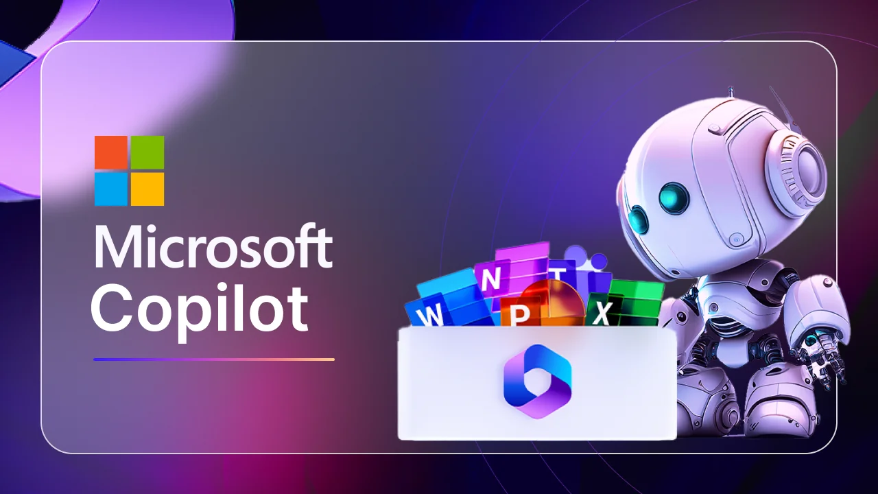 Microsoft Copilot branding alongside a friendly robot mascot and the Microsoft 365 app icons (Word, PowerPoint, Excel).