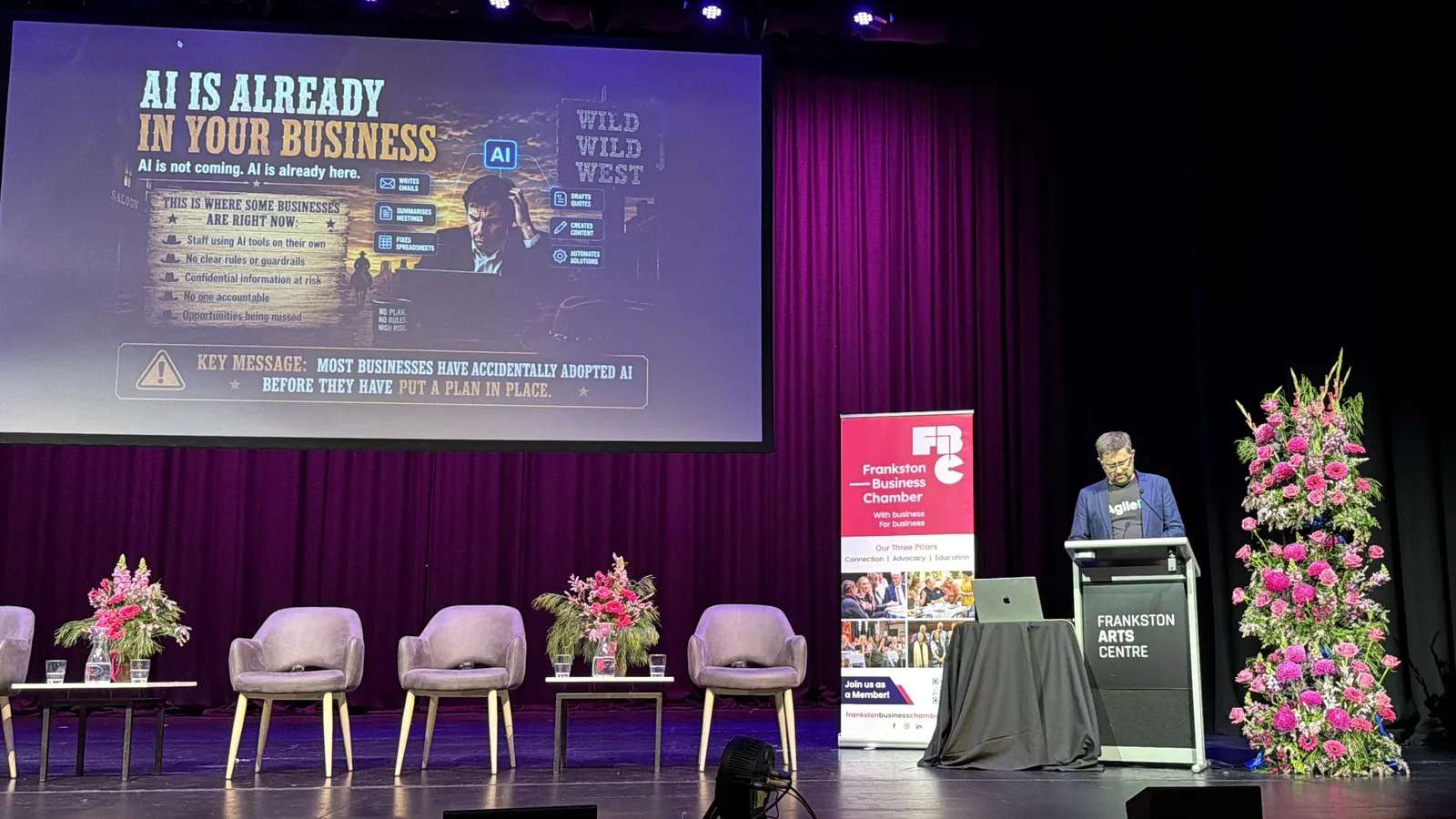 The opening slide of the keynote on the Frankston Arts Centre screen: AI is already in your business.