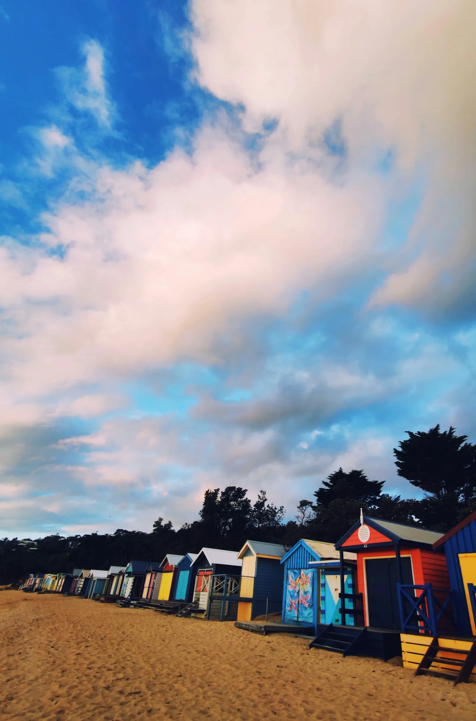 The iconic row of colourful bathing boxes at Mornington beach, a recognised landmark of the town.