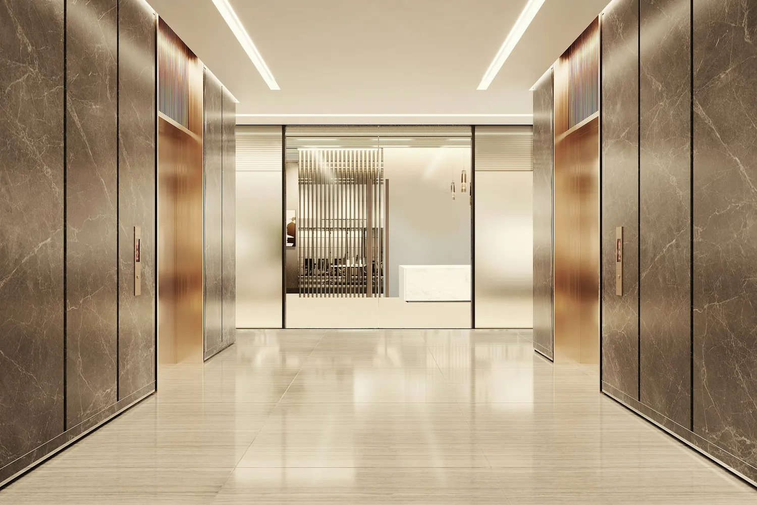 The lift lobby of a commercial office building, where the lift phones and intercoms sit outside most phone system projects